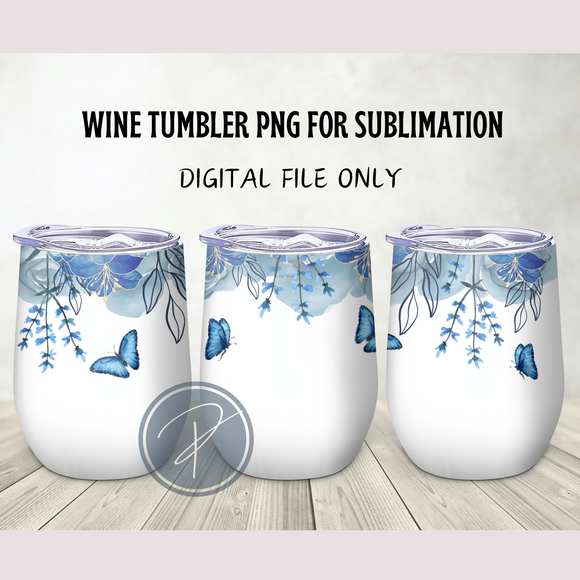 Blue Floral Butterfly Wine Tumbler Template - PNG Digital File