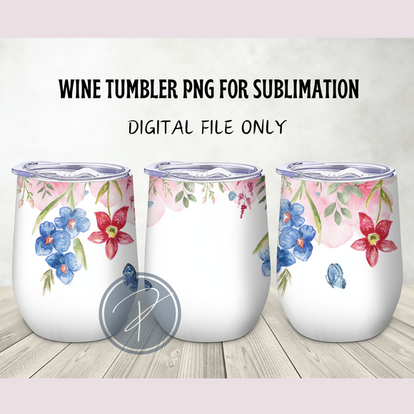 Blue & Red Floral Background Wine Tumbler Template - PNG Digital File