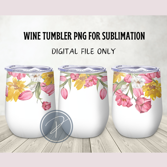 Pink and Yellow Tulip Wine Tumbler Template - PNG Digital File
