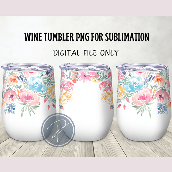 Watercolor Flowers Wine Tumbler Template - PNG Digital File