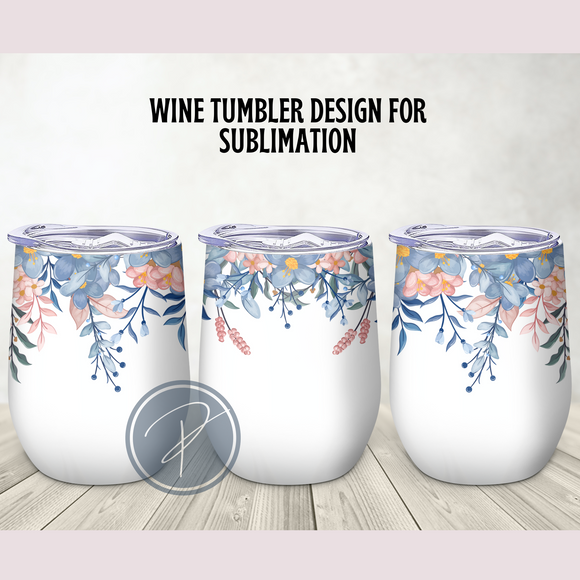 Blue Flower Wine Tumbler Template - PNG Digital File